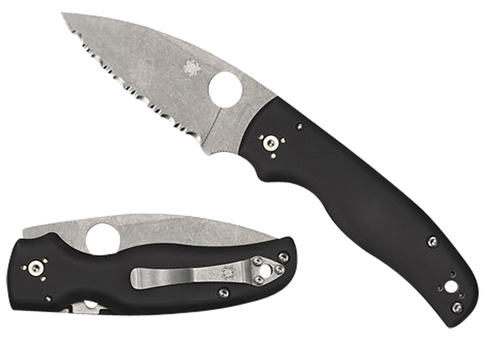 Spyderco C229GS 3.58" Folding Knife Serrated Stonewashed CPM S30V Blade Black G10 Scales Four-Position Clip