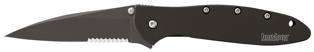 Kershaw Leek Black DLC Part Serrated 3" Modified Drop Point 14C28N Blade, 410 Stainless Handle, SpeedSafe Assisted Opening, Pocket Clip