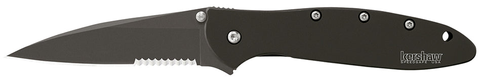 Kershaw Leek Black DLC Part Serrated 3" Modified Drop Point 14C28N Blade, 410 Stainless Handle, SpeedSafe Assisted Opening, Pocket Clip