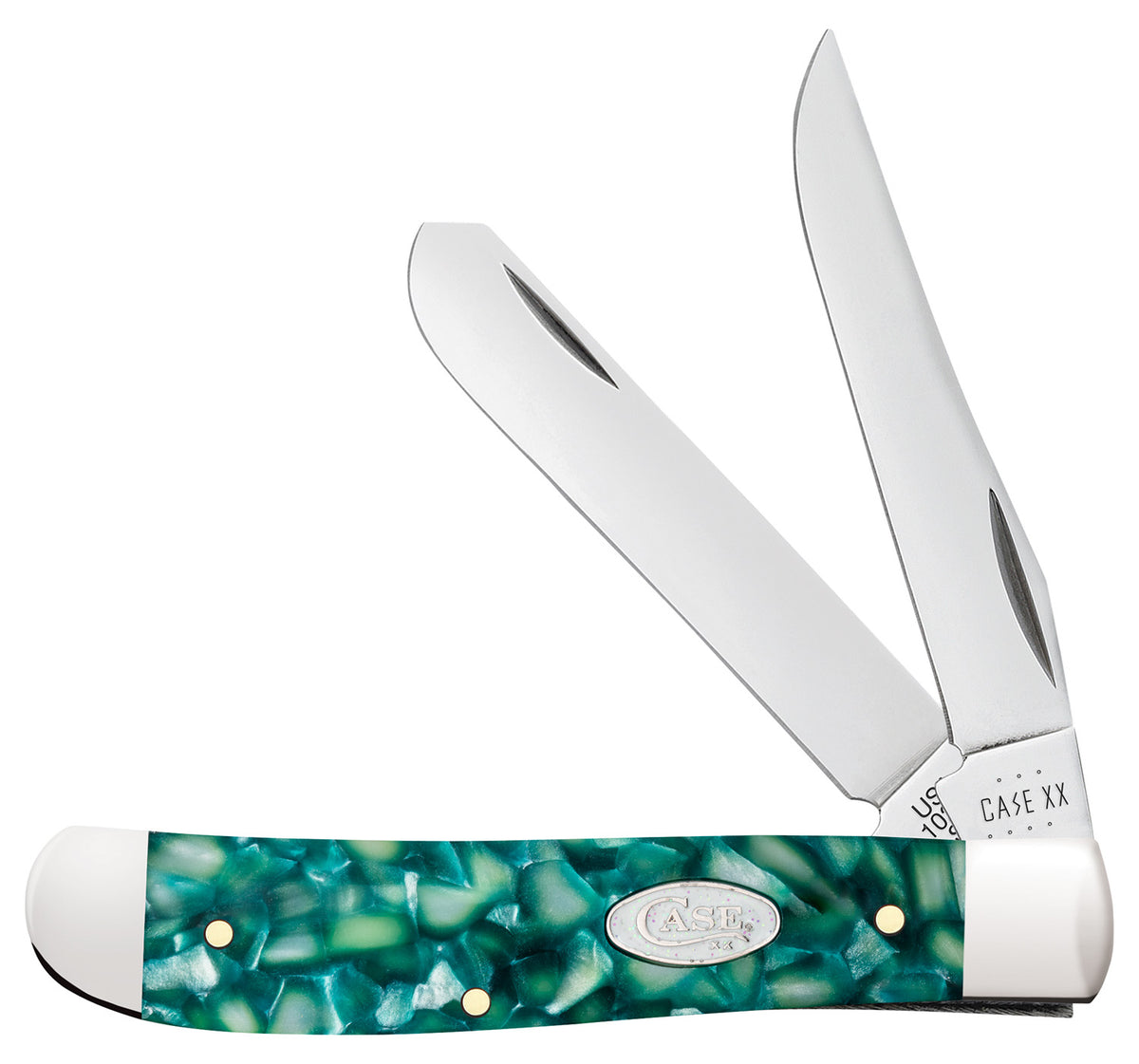Case SparXX 71381 Trapper Mini Folding Knife, Mirror Polished Clip/Spey Blades, Opaque Green Kirinite Handle