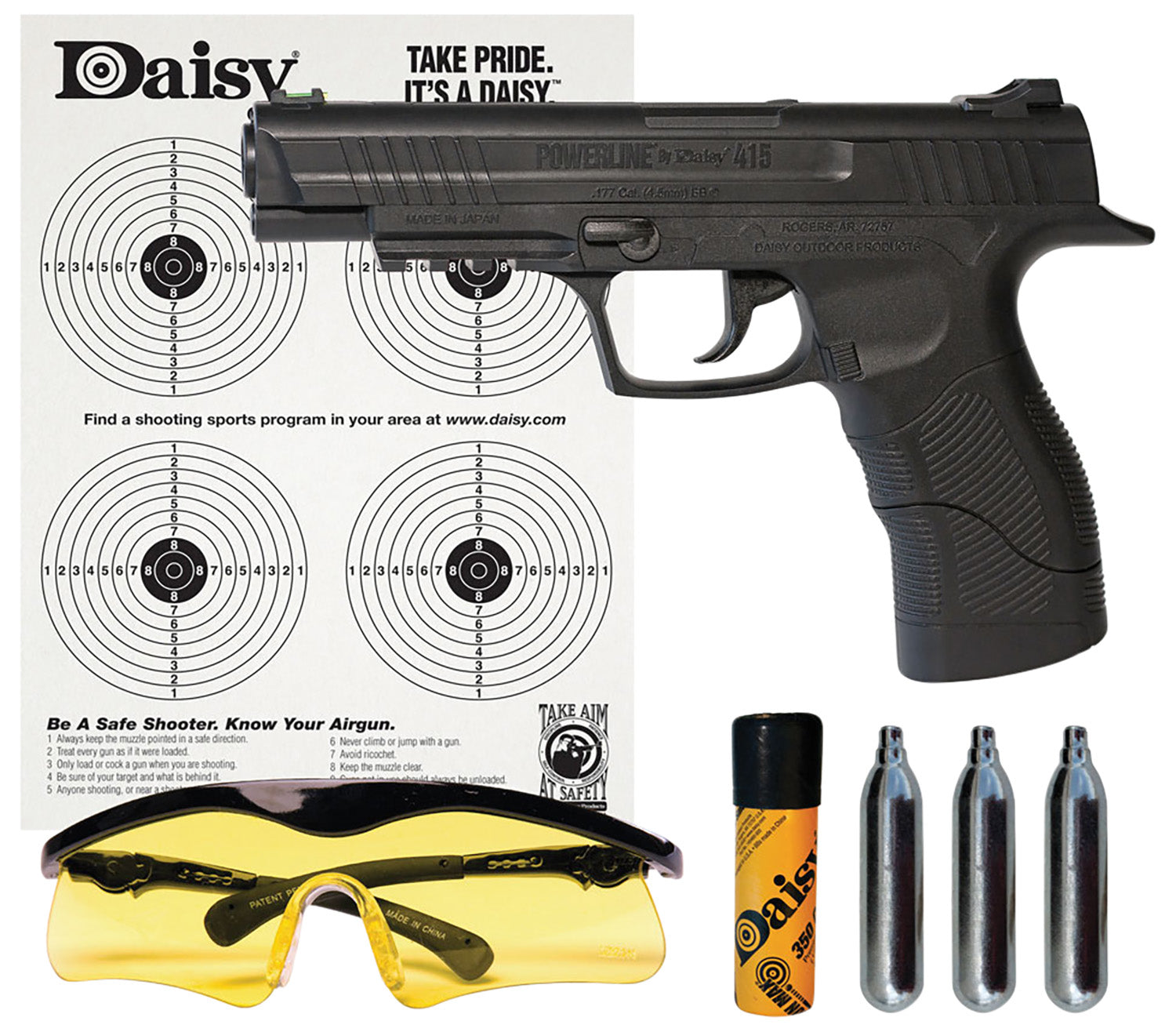 Daisy 415 Powerline .177 Semi-Auto CO2 BB Pistol Kit with Shooting Glasses & Ammo