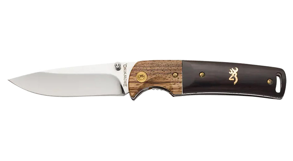 Browning 3220231 Buckmark Hunter Folding Pocket Knife 3" Drop Point 8Cr14MoV Polished SS Finger Grooved Hardwood Handle