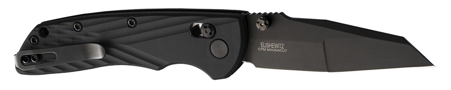 Hogue Deka 3.25" Folding Wharncliffe Plain Blade, CPM MagnaCut Black Cerakote, Black Textured GRN Handle with Thumb Studs