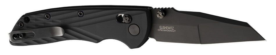 Hogue Deka 3.25" Folding Wharncliffe Plain Blade, CPM MagnaCut Black Cerakote, Black Textured GRN Handle with Thumb Studs