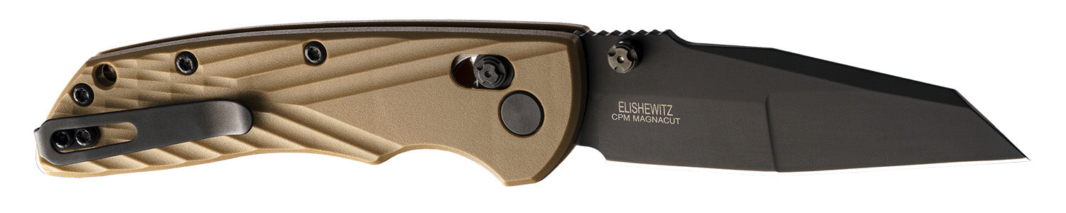 Hogue Deka 3.25" Folding Wharncliffe Plain Blade, CPM MagnaCut Black Cerakote, FDE Textured GRN Handle with Thumb Studs
