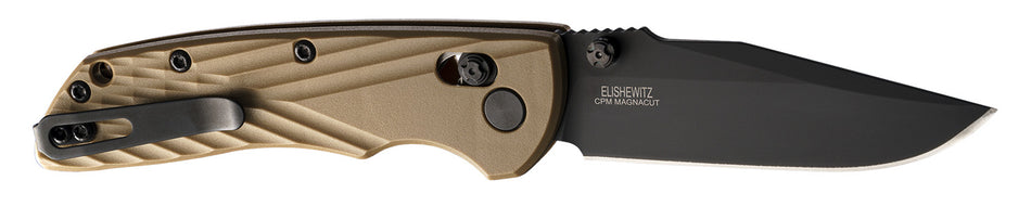 Hogue Deka 3.25" Folding Clip Point Plain Blade, CPM MagnaCut Black Cerakote, FDE Textured GRN Handle with Thumb Studs