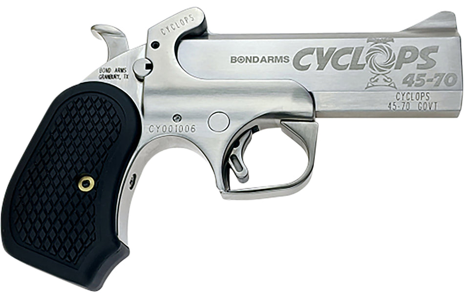 Bond Arms BACYP Cyclops Big Bore 45-70 Gov 1rd, 4.25" Stainless Steel w/Engraved Barrel, Matte Stainless Steel Frame, Black Extended B6 Resin Grip, Includes Holster