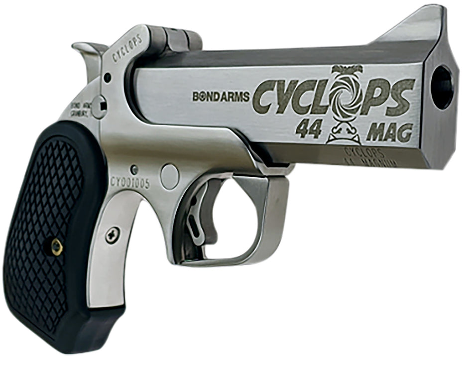 Bond Arms BACYP Cyclops Big Bore 44 Mag 1rd 4.25" Stainless Steel w/Engraved Barrel, Matte Stainless Frame, Black Extended B6 Resin Grip
