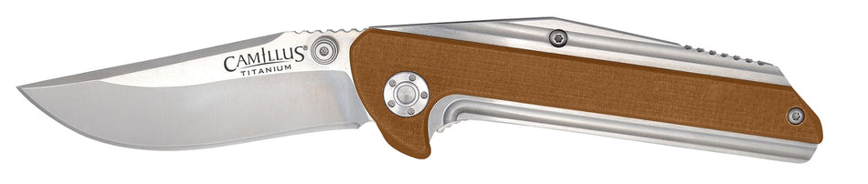 Camillus Sevens 2.75" Folding Plain AUS-8 Carbonitride Titanium Blade, Desert Tan/Stainless Handle