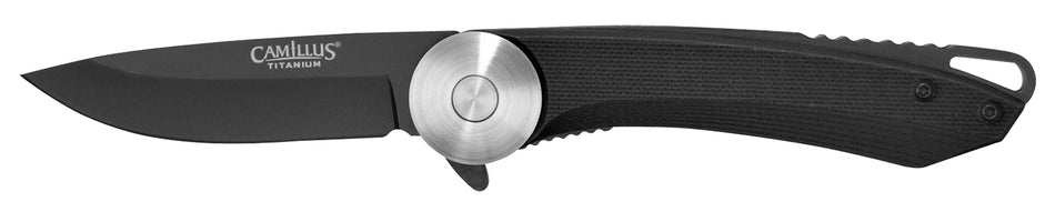 Camillus Cirque 2.75" Folding Drop Point Plain AUS-8 Carbonitride Titanium Blade, Black G10 Handle