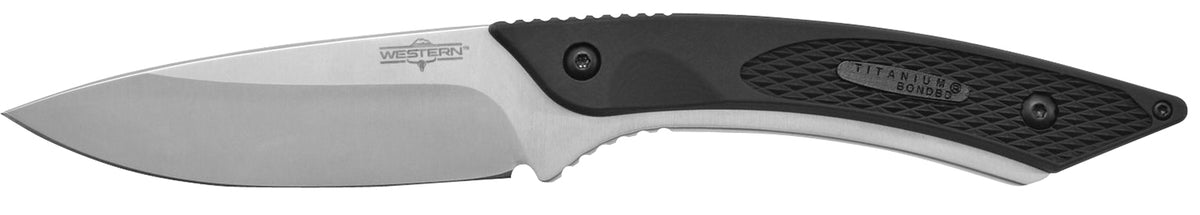 Camillus Western Coil 3.25" Full-Tang Fixed Blade Titanium Bonded 420 Steel, Black/Stainless Handle and Ballistic Nylon Sheath