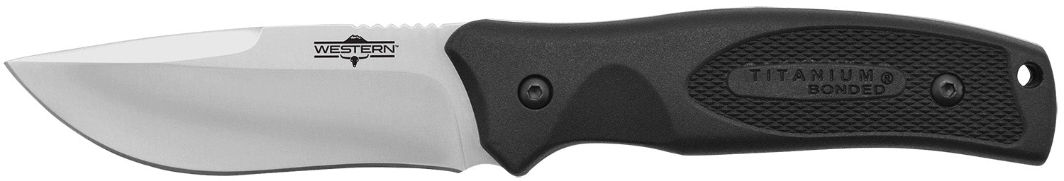 Camillus Western Black River 3.75" Fixed Drop Point Full-Tang Titanium Bonded 420 Steel Blade, Black Rubber Handle and Sheath