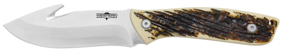 Camillus Western Crosstrail 4.25" Fixed Gut Hook Titanium Bonded 420 Steel, Stag/Antler Delrin Handle, Includes Sheath and Belt Loop