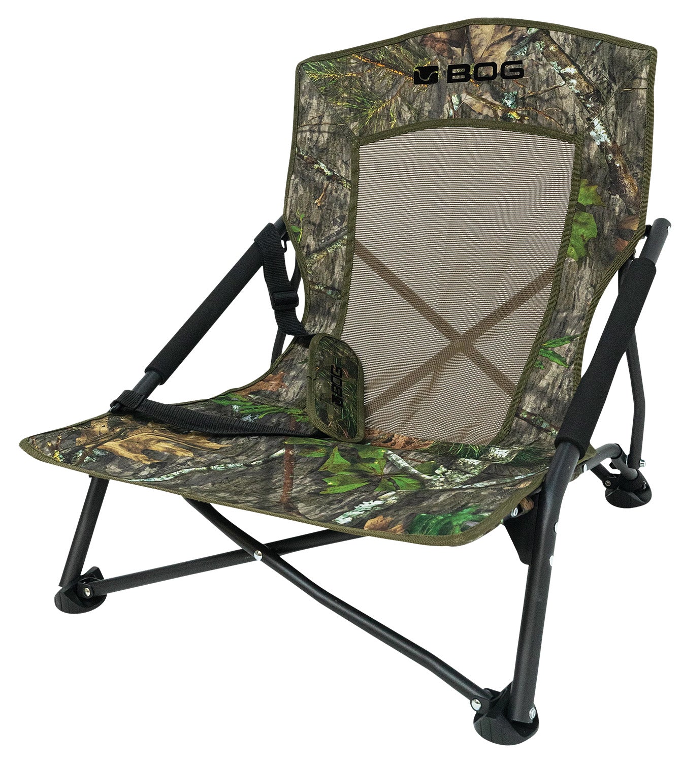 Bog-Pod Snood Turkey Chair Low Profile Mossy Oak Camo Steel 4-Leg with Strap