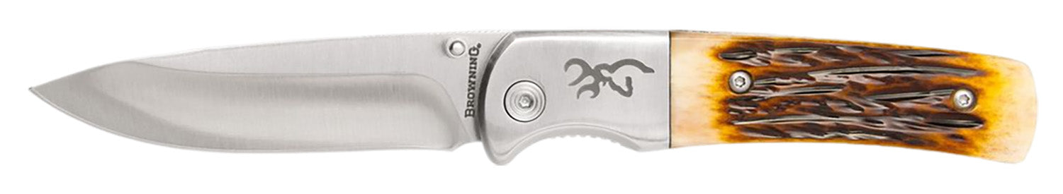 Browning 3220500 Buckmark Hunter Folding Drop Point Knife Jigged Bone Handle SS Bolsters Engraved Logo