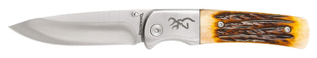 Browning 3220500 Buckmark Hunter Folding Drop Point Knife Jigged Bone Handle SS Bolsters Engraved Logo