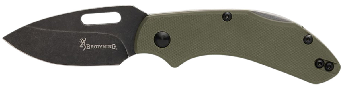 Browning 3220504B Hidden Hollow EDC Small Box Pkg 2.25" Folding Drop Point D2 Steel OD Green G10 Handle