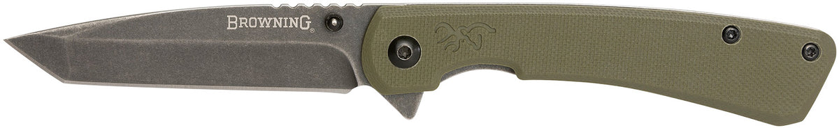 Browning 3220507 Branded Rock EDC Tanto Folder 3" Black Stonewashed 7Cr17MoV SS Blade OD Green G10 Handle