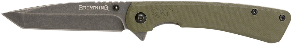 Browning 3220507 Branded Rock EDC Tanto Folder 3" Black Stonewashed 7Cr17MoV SS Blade OD Green G10 Handle
