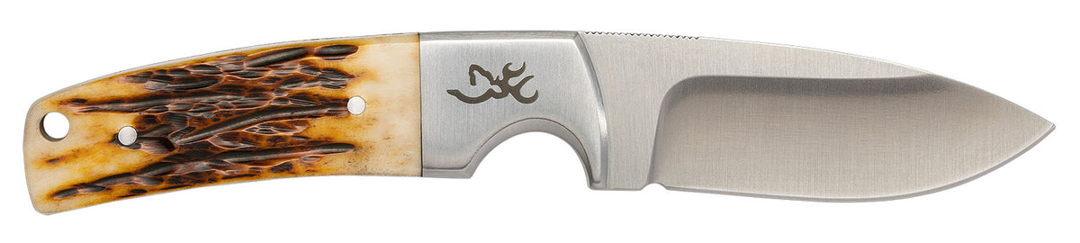 Browning 3220509B Buckmark Hunter 3" Fixed Drop Point Knife Brown Jigged Ox Bone Handle Leather Sheath Boxed