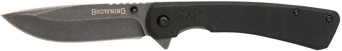 Browning 3220514 Branded Rock EDC Drop Point Folder 3" Black Stonewashed 7Cr17MoV SS Blade Black G10 Handle
