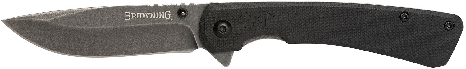 Browning 3220514 Branded Rock EDC Drop Point Folder 3" Black Stonewashed 7Cr17MoV SS Blade Black G10 Handle