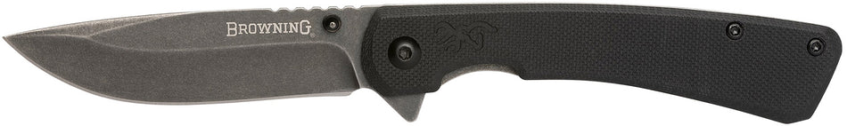 Browning 3220514 Branded Rock EDC Drop Point Folder 3" Black Stonewashed 7Cr17MoV SS Blade Black G10 Handle