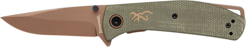 Browning 3220516 Trailside EDC Small Folder 3" Modified Drop Point Titanium D2 Steel Blade Green Micarta Scales