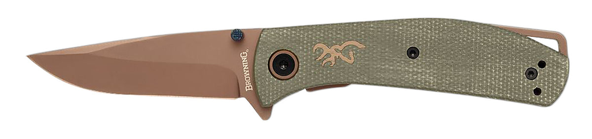 Browning 3220516B Trailside EDC Small Folder 3" D2 Steel Titanium Modified Drop Point Green Micarta Boxed