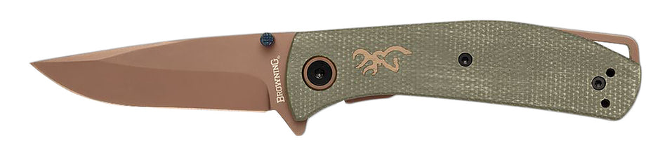 Browning 3220516B Trailside EDC Small Folder 3" D2 Steel Titanium Modified Drop Point Green Micarta Boxed