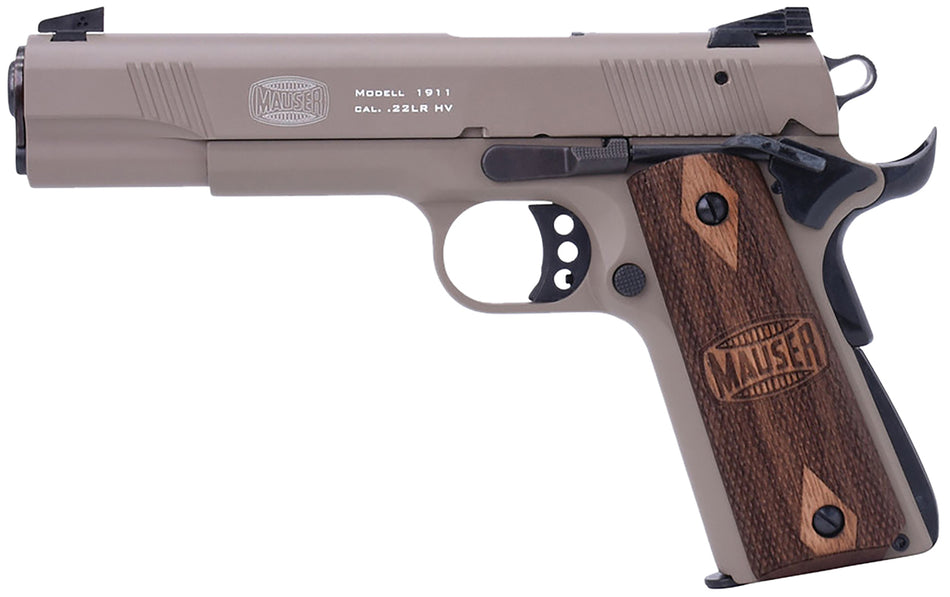 Mauser Rimfire 4110604 1911 22 LR 10+1 5" Black Steel Barrel, Tan Serrated Aluminum Slide, Tan Aluminum Frame w/Beavertail, Walnut Grip, Ambidextrous