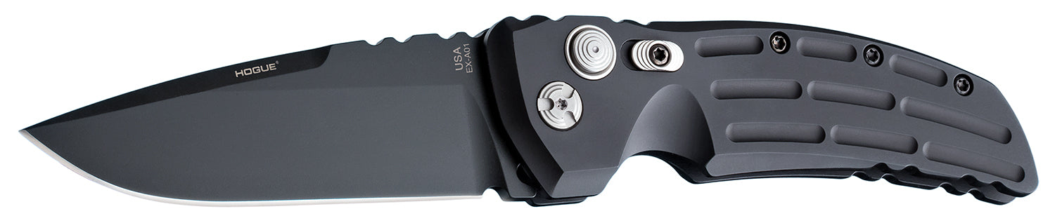 Hogue 34110 EX-A01 4" Drop Point Auto Folder, Black Cerakote 154CM SS Blade, Matte Black Fluted Aluminum Handle