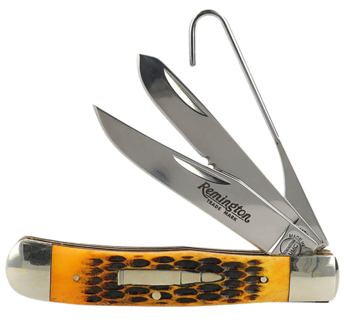 Remington R15696 Collectible Bullet Waterfowler Pocket Knife Spey/Gut Hook/Clip Point Carbon Steel Bone Handle