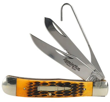 Remington R15696 Collectible Bullet Waterfowler Pocket Knife Spey/Gut Hook/Clip Point Carbon Steel Bone Handle