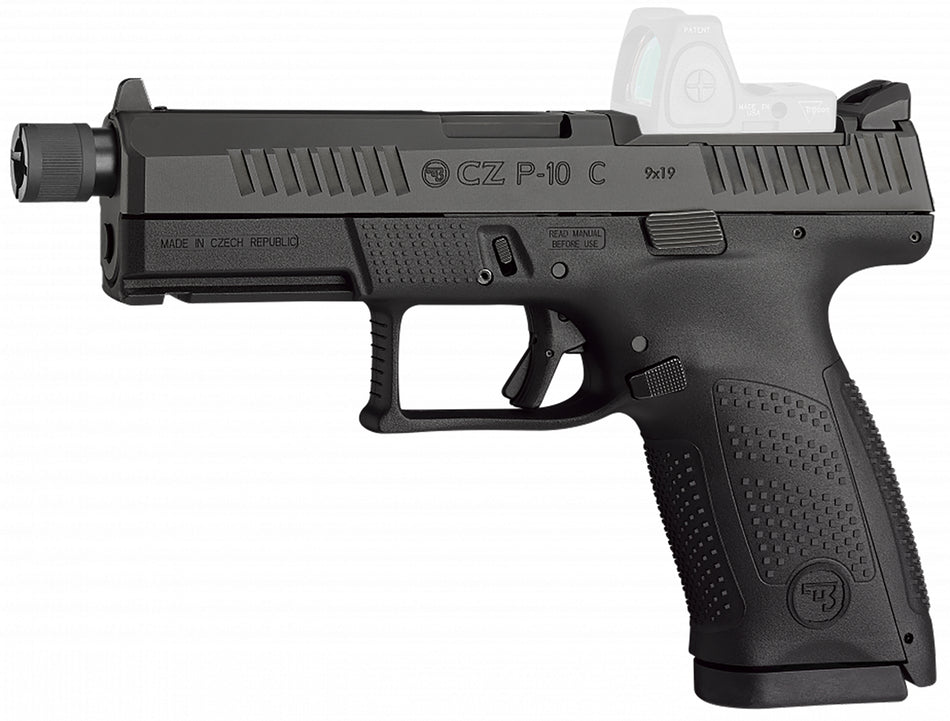 CZ-USA 91513 P-10 C Compact 9mm Luger 17+1 4.02" Black Threaded Barrel, Black Nitride Optic Ready/Serrated Steel Slide, Black Polymer Frame w/Picatinny Rail, Interchangeable Backstrap Grip