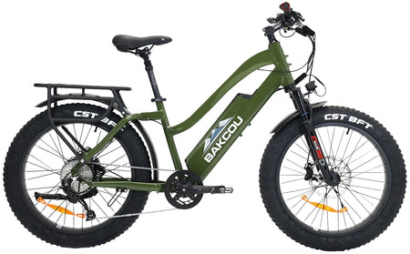Bakcou Flatlander ST 24 Gloss Army Green 18" Step-Through Electric Fat Tire Bicycle Shimano 9-Speed Bafang 750W Motor