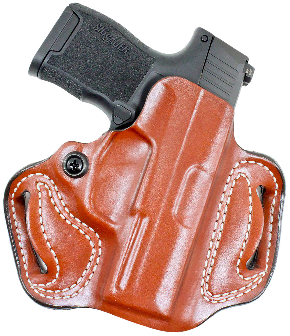 DeSantis Mini Slide Tan Unlined Leather OWB Two-Slot Holster Sig Sauer P365 Red Dot Right Hand