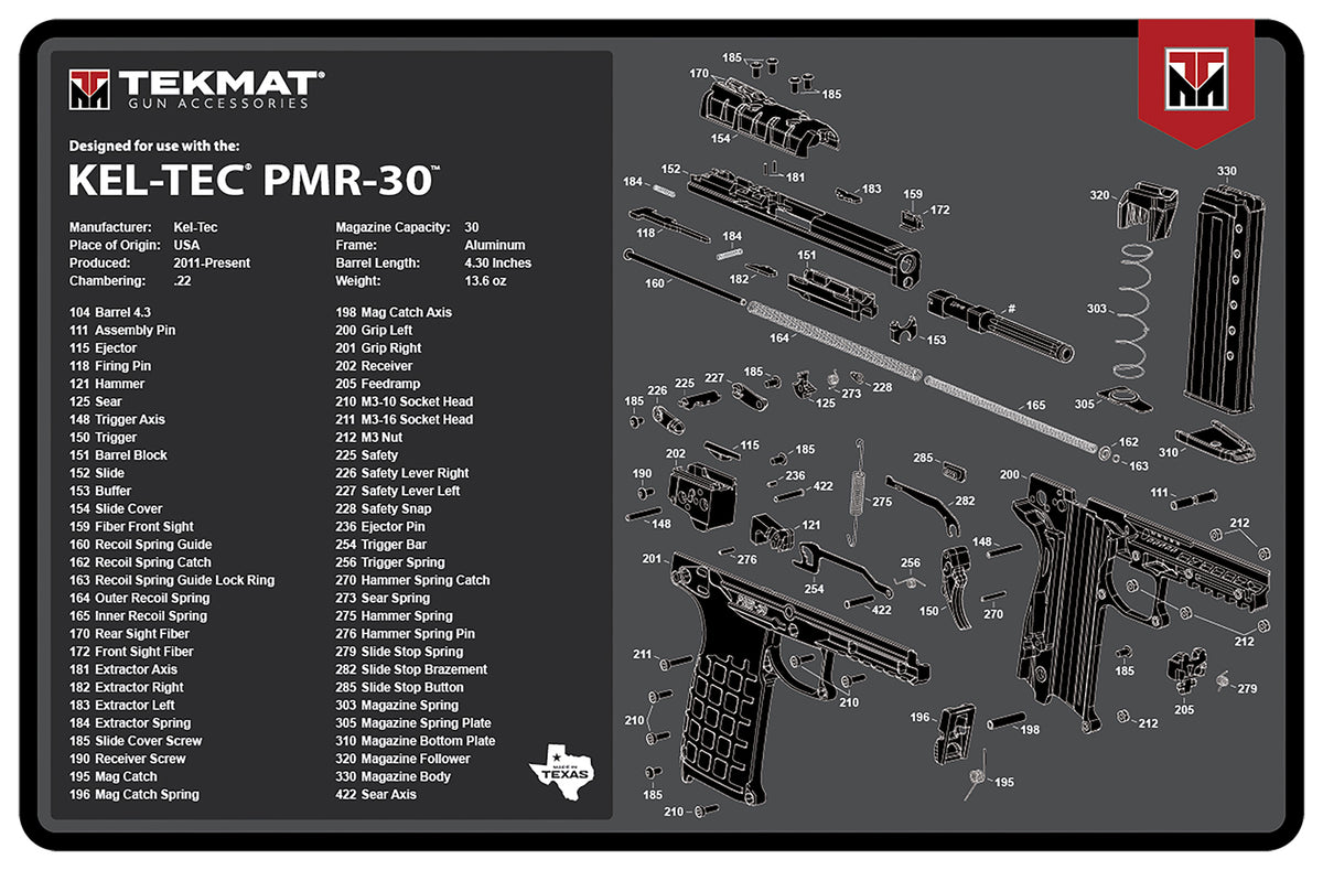 TekMat PMR-30 Gun Cleaning Mat with Parts Diagram Gray Rubber 11"x17"