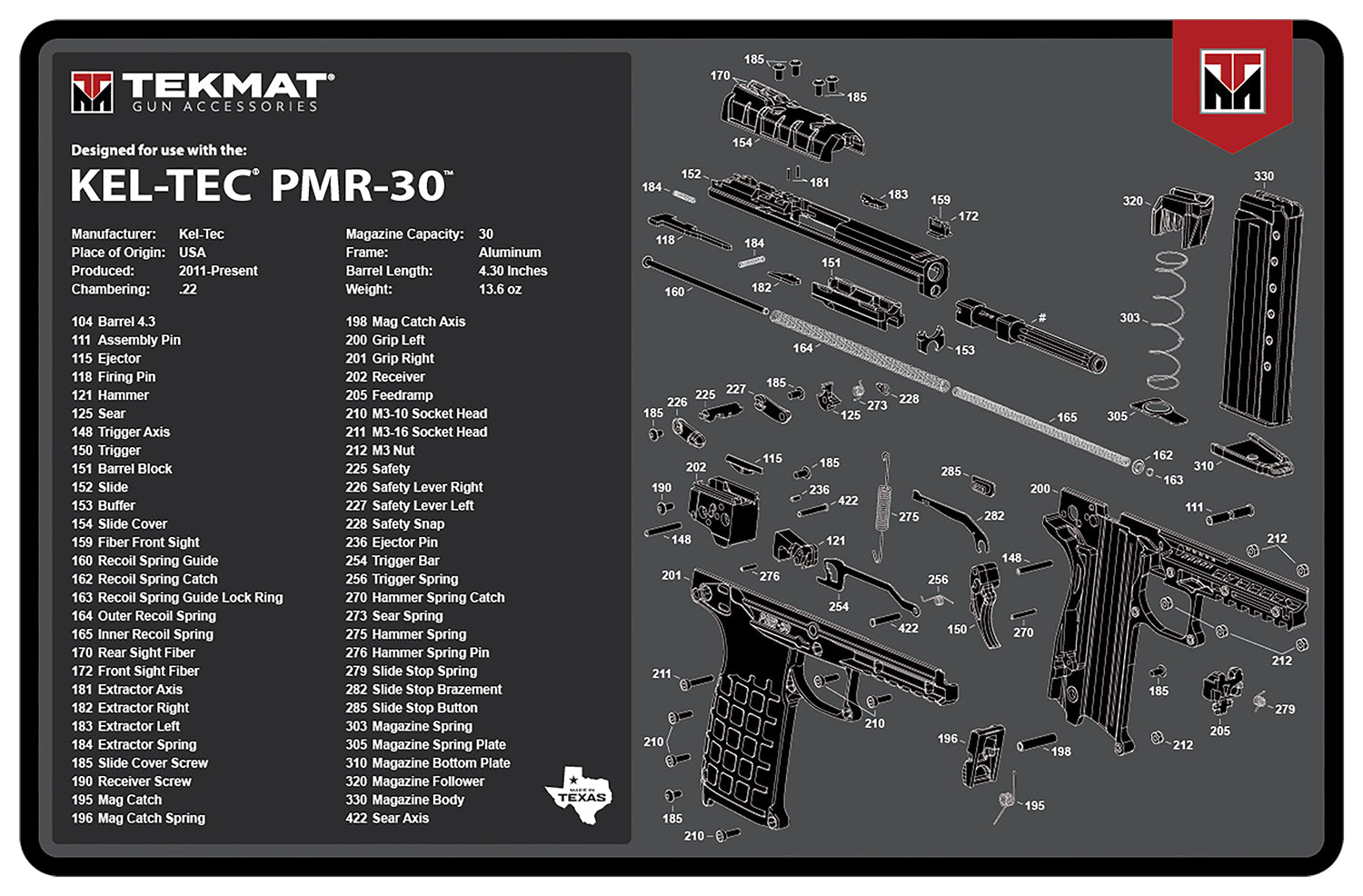 TekMat PMR-30 Gun Cleaning Mat with Parts Diagram Gray Rubber 11"x17"