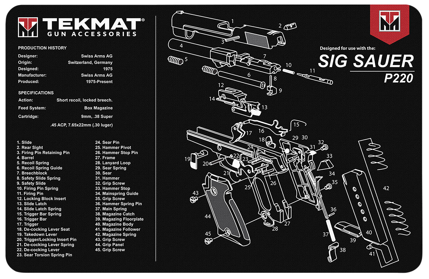 TekMat P220 Gun Cleaning Mat with Parts Diagram Black/White 11"x17"