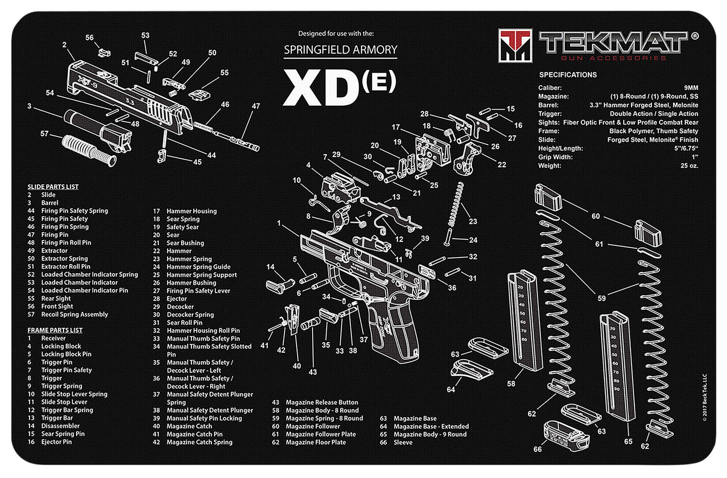 TekMat XDe Gun Cleaning Mat with Diagram Black/White Rubber 11"x17"