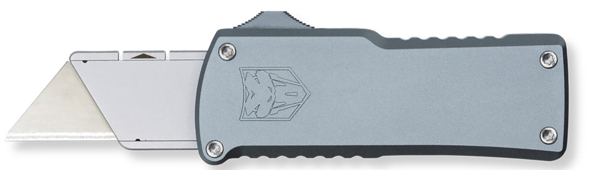 CobraTec Knives OTF Utility Knife Gray Aluminum Handle with Interchangeable Box Cutter Blades