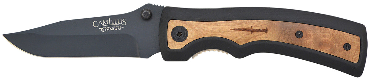 Camillus Slick 3" Folding Clip Point Carbonitride Titanium Bonded AUS-8A SS Blade with Burlwood Accent Rubber Handle
