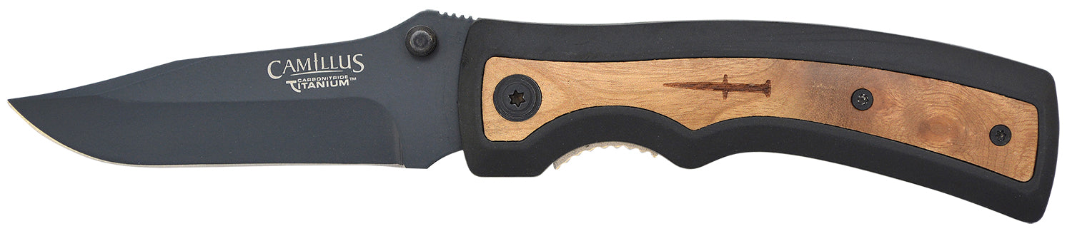 Camillus Slick 3" Folding Clip Point Carbonitride Titanium Bonded AUS-8A SS Blade with Burlwood Accent Rubber Handle