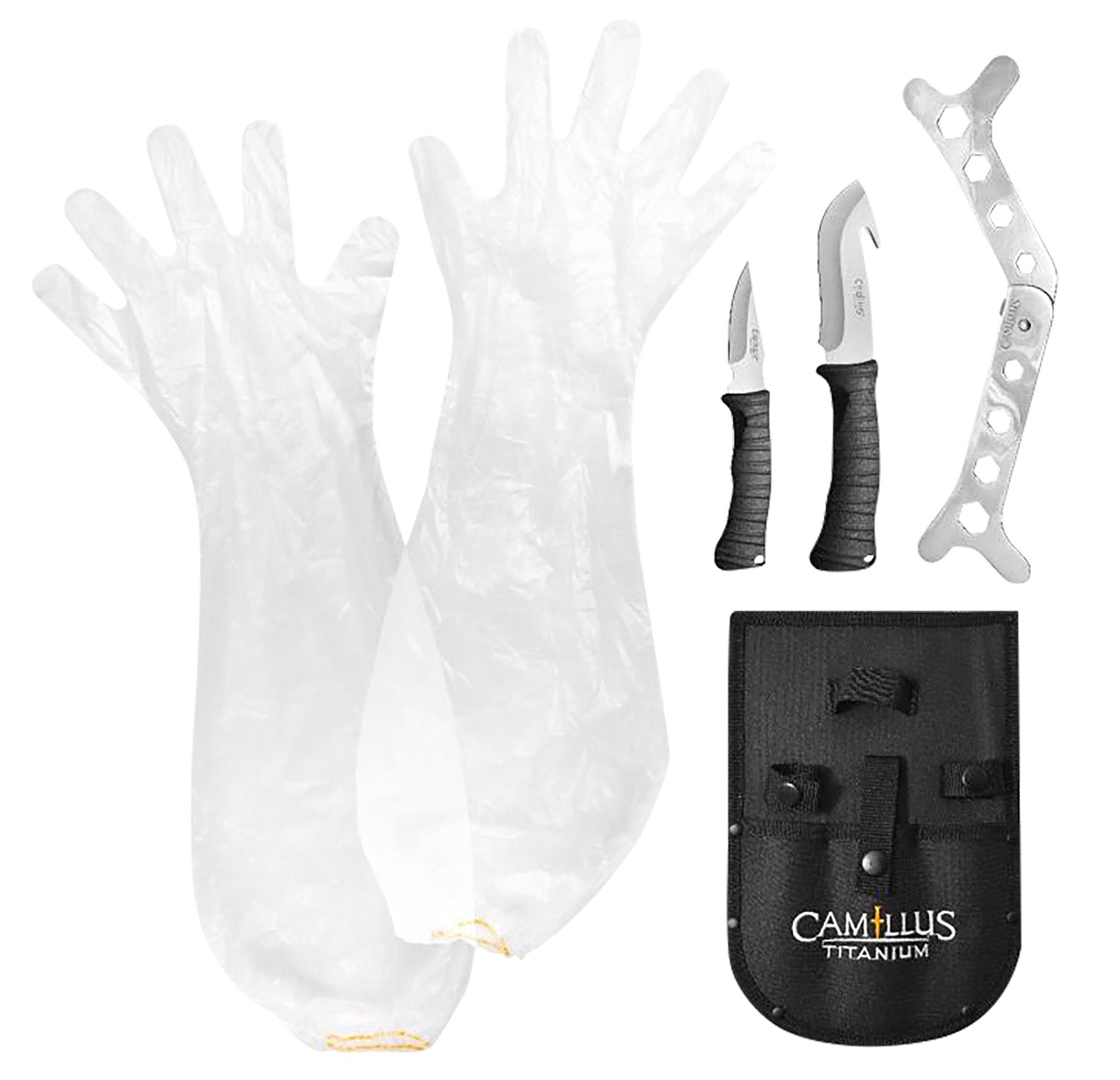 Camillus 5-Piece Hunting Knife Kit Fixed Caper/GutHook Titanium Nitride Coated Blades with Sheath, Gloves and Rib Spreaders
