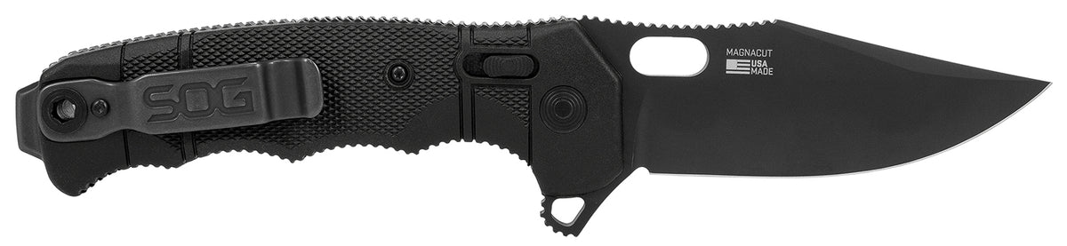 SOG Seal XR 3.90" Plain Black MagnaCut Clip Point Blade Black Textured GRN/Titanium Handle XR Lock Folding Knife