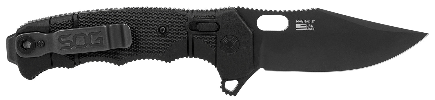 SOG Seal XR 3.90" Plain Black MagnaCut Clip Point Blade Black Textured GRN/Titanium Handle XR Lock Folding Knife