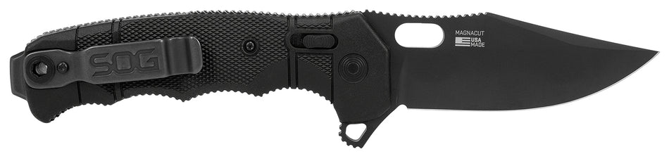 SOG Seal XR 3.90" Plain Black MagnaCut Clip Point Blade Black Textured GRN/Titanium Handle XR Lock Folding Knife