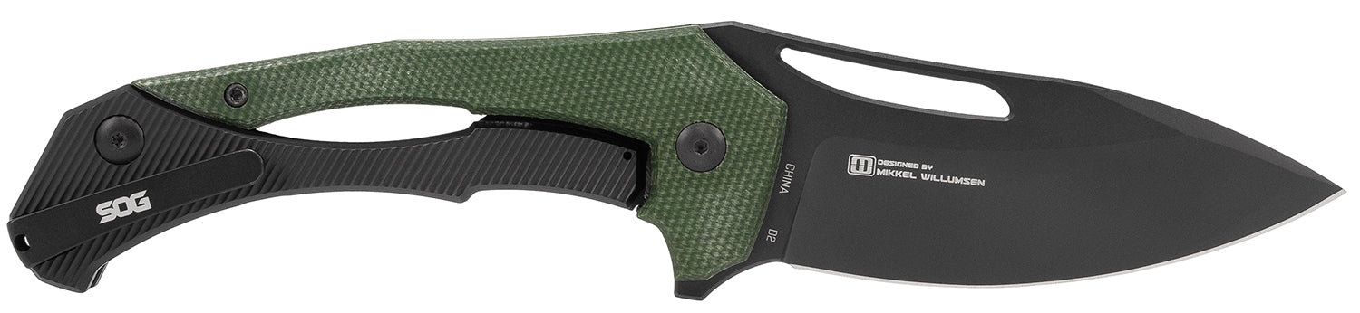 SOG Bulwark FLK 3.50" Plain Black PVD Cryo D2 Drop Point Blade Olive Drab Textured Linen Micarta Handle EDC Folder