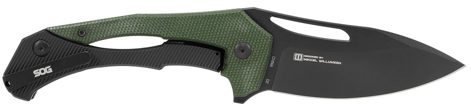 SOG Bulwark FLK 3.50" Plain Black PVD Cryo D2 Drop Point Blade Olive Drab Textured Linen Micarta Handle EDC Folder